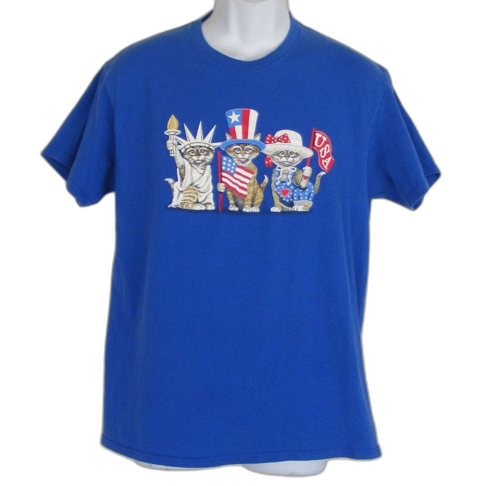 PATRIOTIC Cats Tshirt, M, Blue, Graphic Print, 3 cats, 4th of July